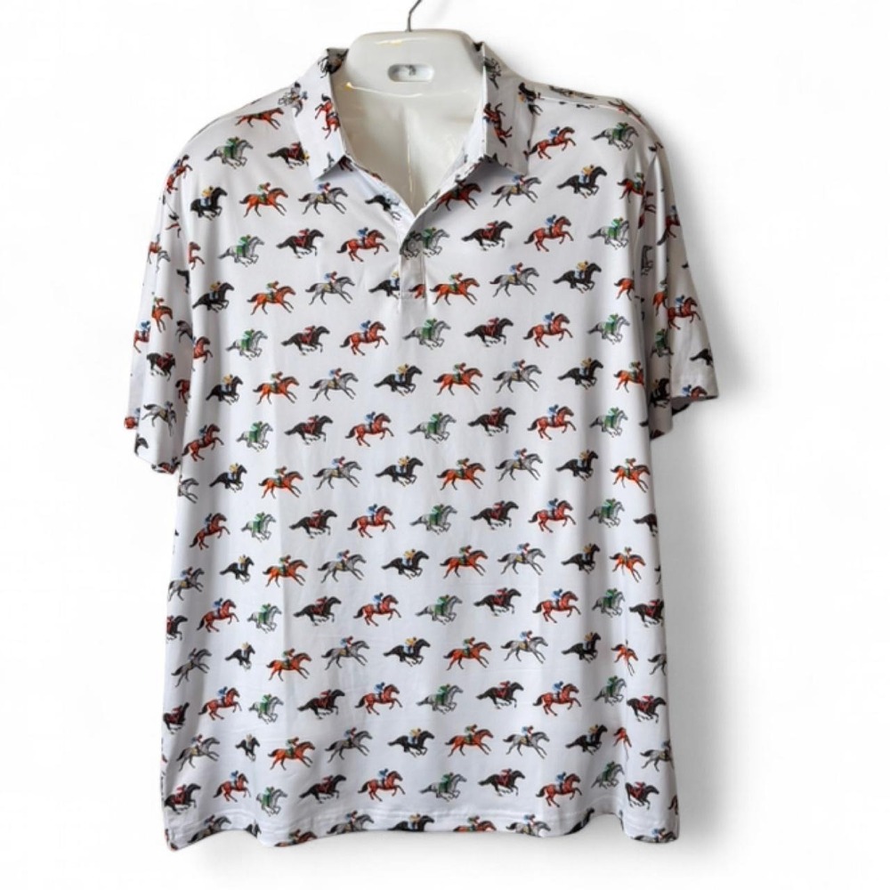 Horse Racing Print Polo Shirt, Men's Size XL
